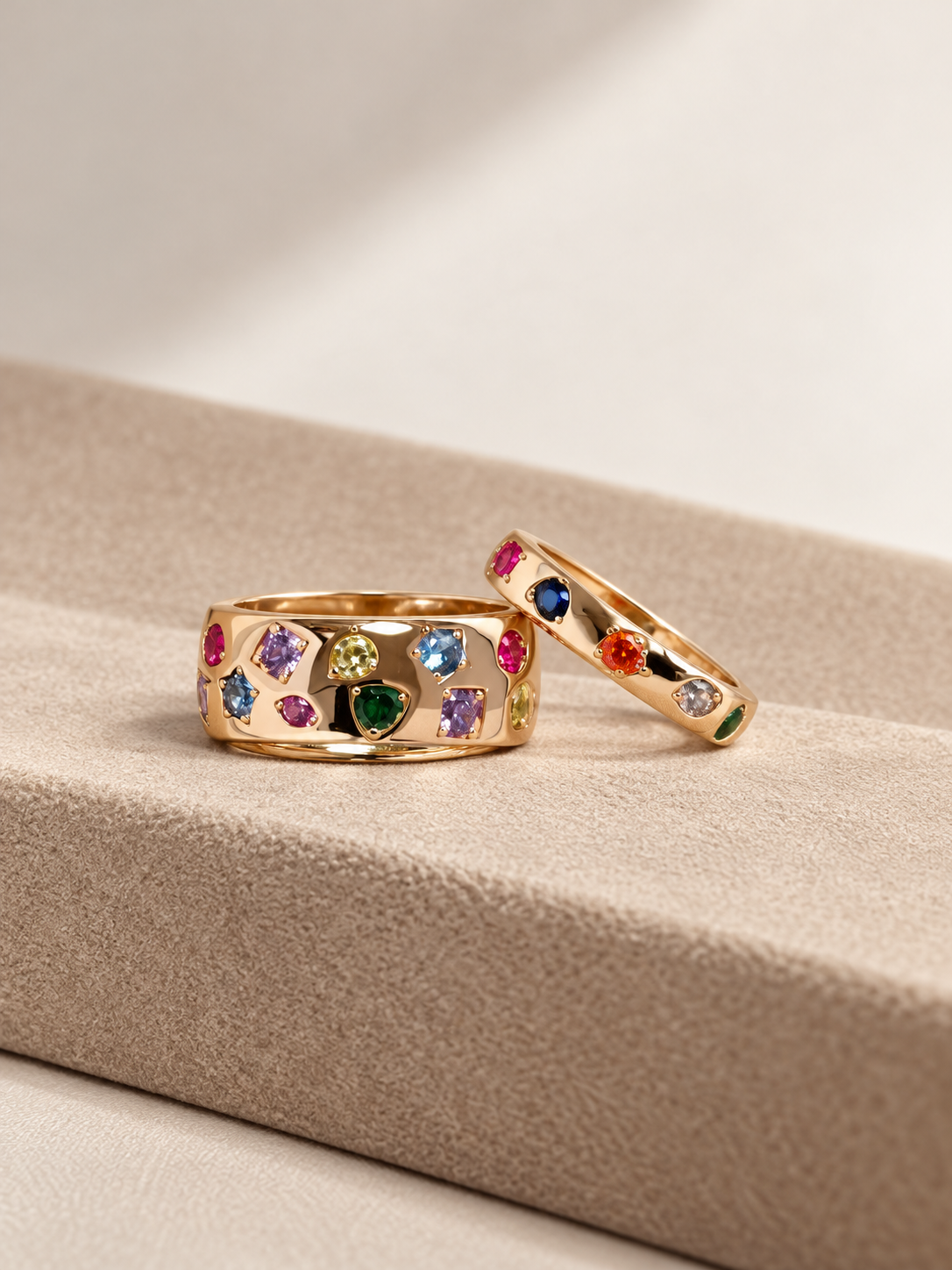 AI-generated product visualization of the Kaleidoscope Gem Band in Wide and Slim styles together